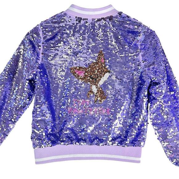 H&M Girls Purple Playful Flip Sequin Bomber Jacket Whimsical Cat Design Sz10-12 - Picture 9 of 16